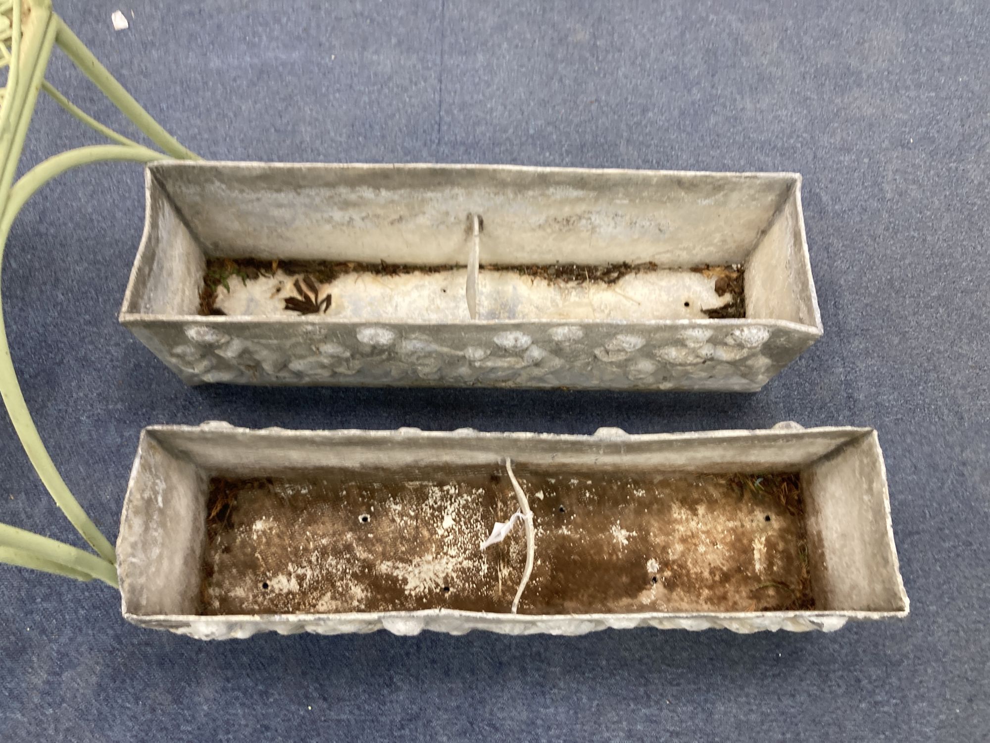 A pair of rectangular lead garden planters, width 68cm, depth 18cm, height 20cm